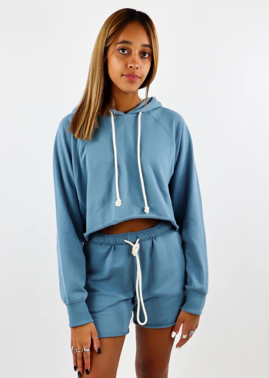 Tops * | Cotton Candy Better Together Cropped Hoodie Dusty Blue Tops