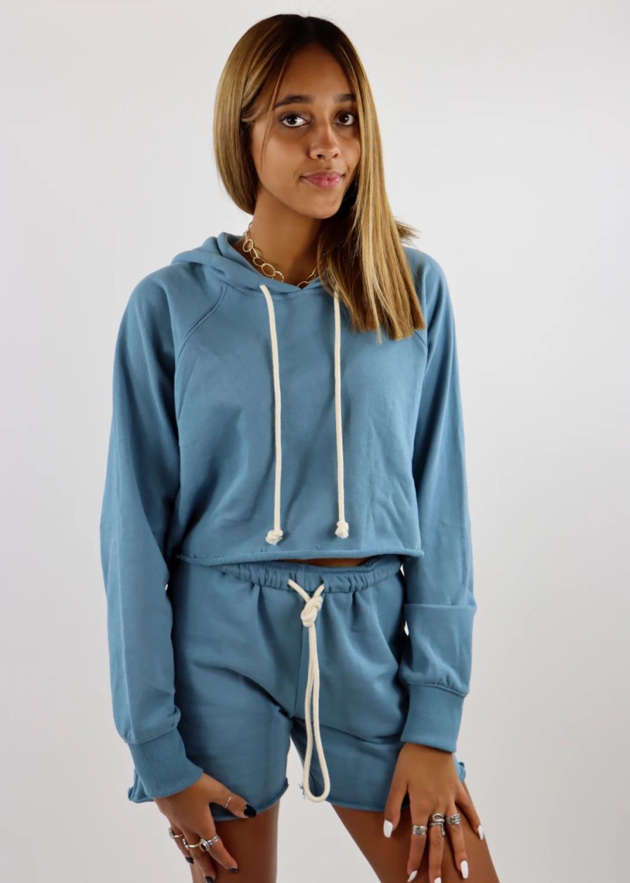 Tops * | Cotton Candy Better Together Cropped Hoodie Dusty Blue Tops