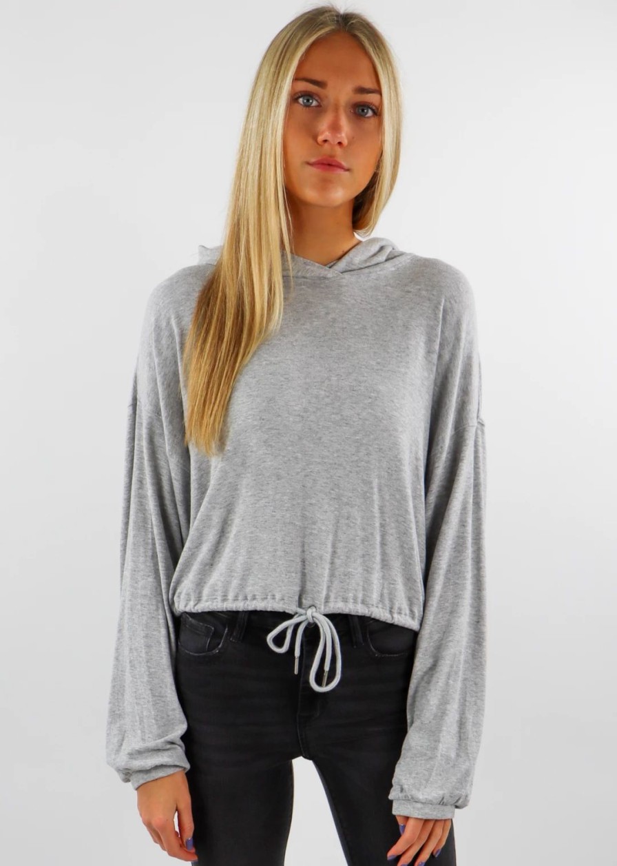 Tops * | Cotton Candy Tops Yummy Cropped Drawstring Hoodie Heather Grey