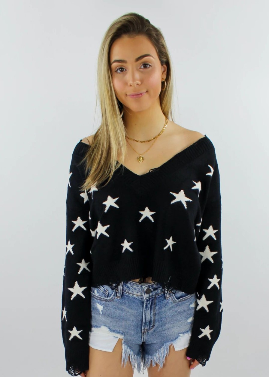 Tops * | Rock N Rags The Sweet Life Sweater Black With White Stars