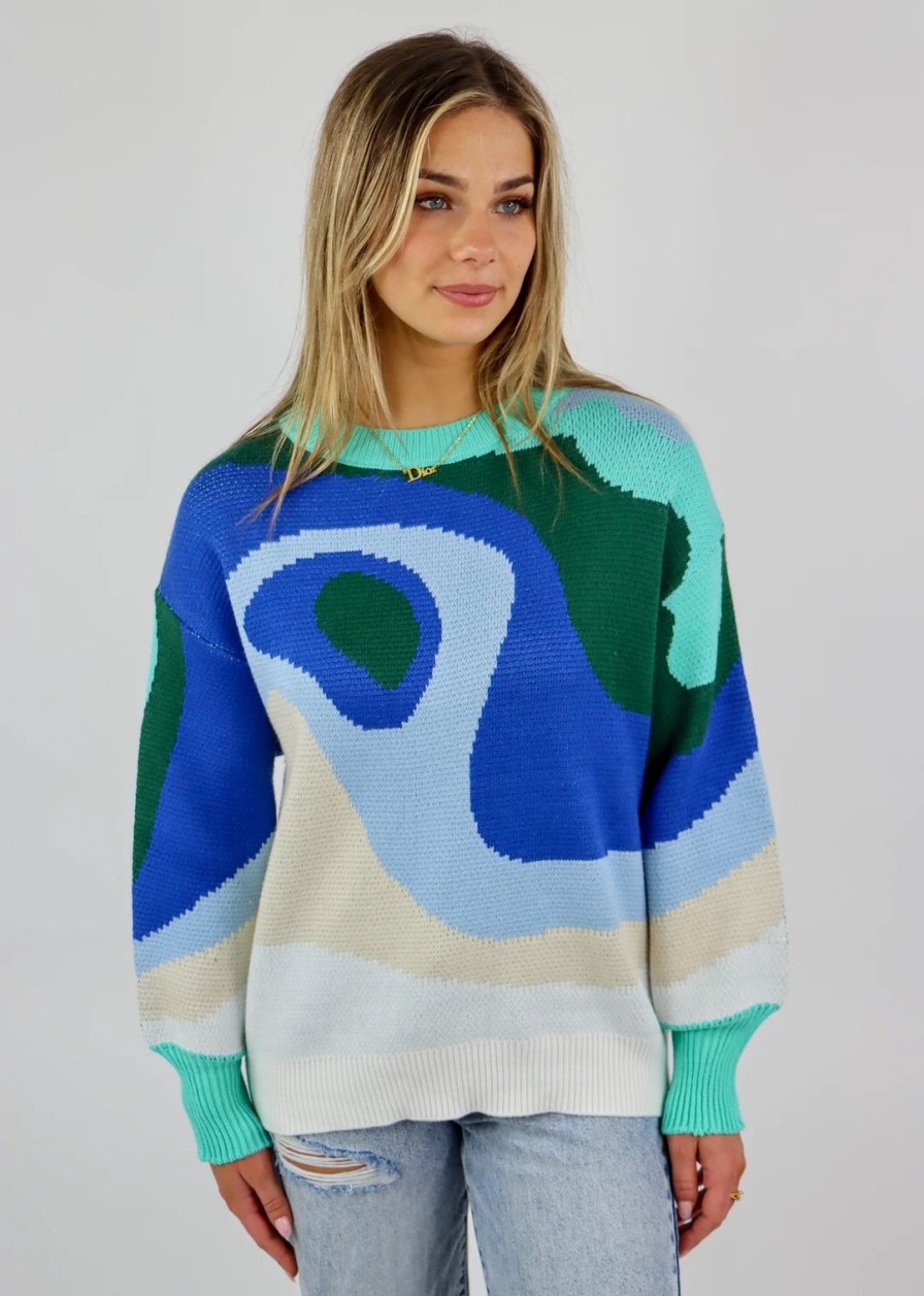 Tops * | Pretty Garbage Tops Blue World Sweater Multi Color