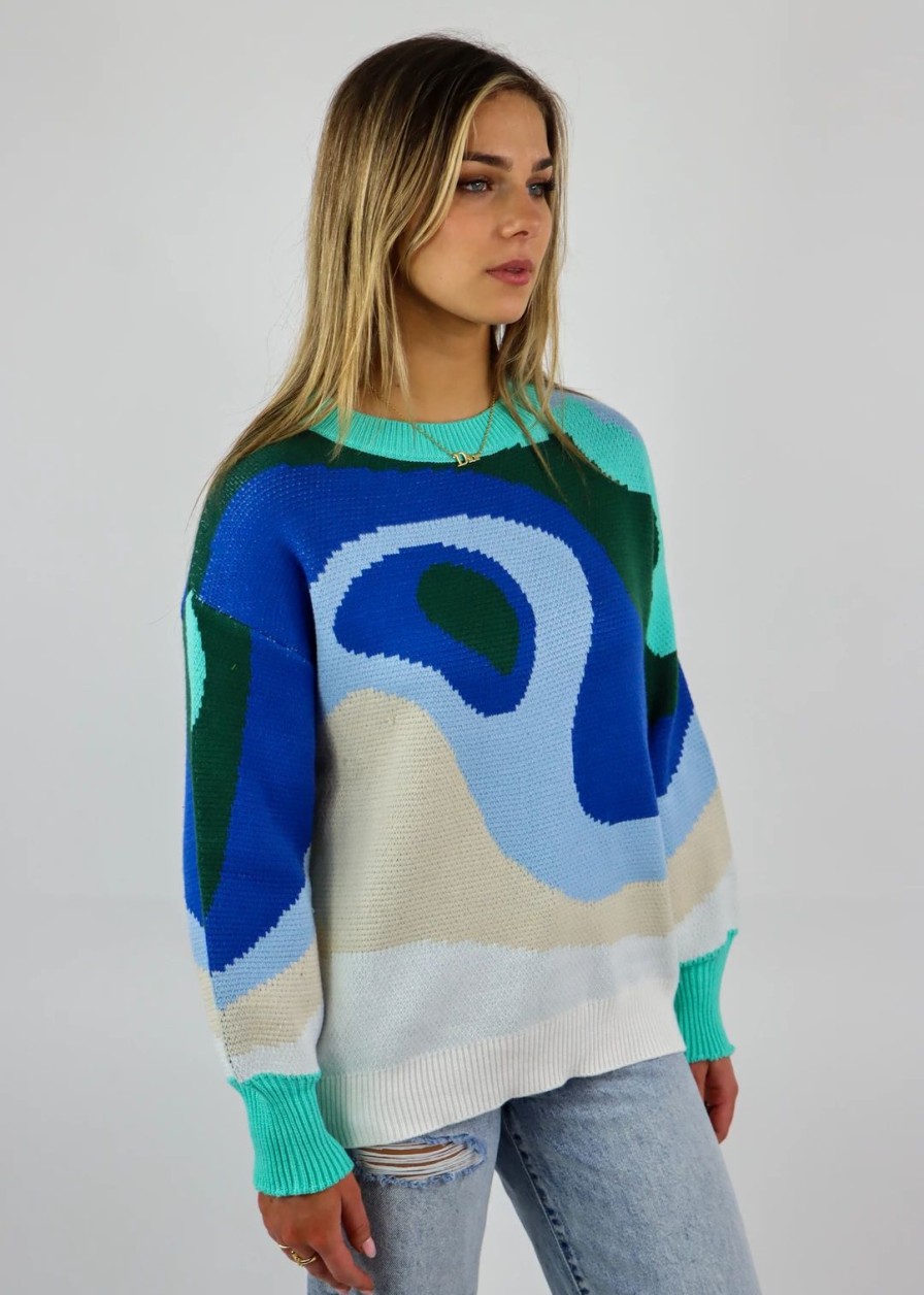 Tops * | Pretty Garbage Tops Blue World Sweater Multi Color