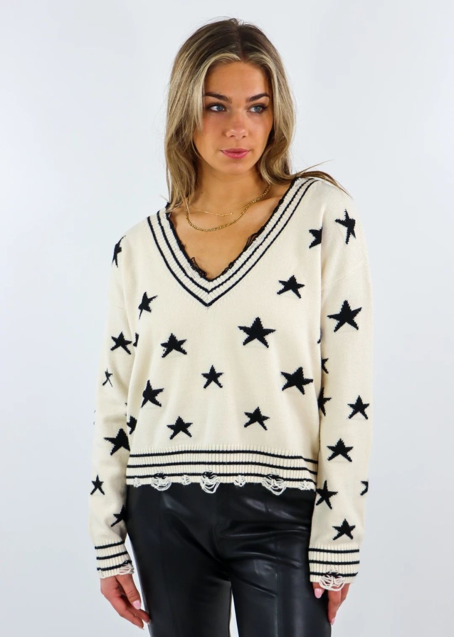 Tops * | Rock N Rags The Sweet Life Sweater Cream With Black Stars