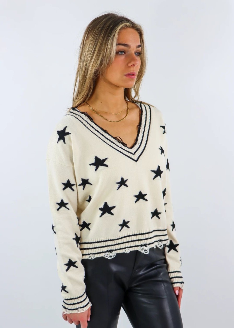 Tops * | Rock N Rags The Sweet Life Sweater Cream With Black Stars