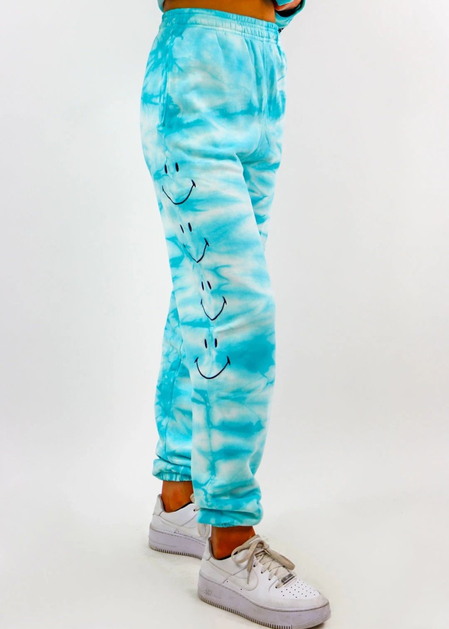 Bottoms * | Bysamiiryan By Samii Ryan Smiley Embroidery Joggers Blue Tie Dye Bottoms