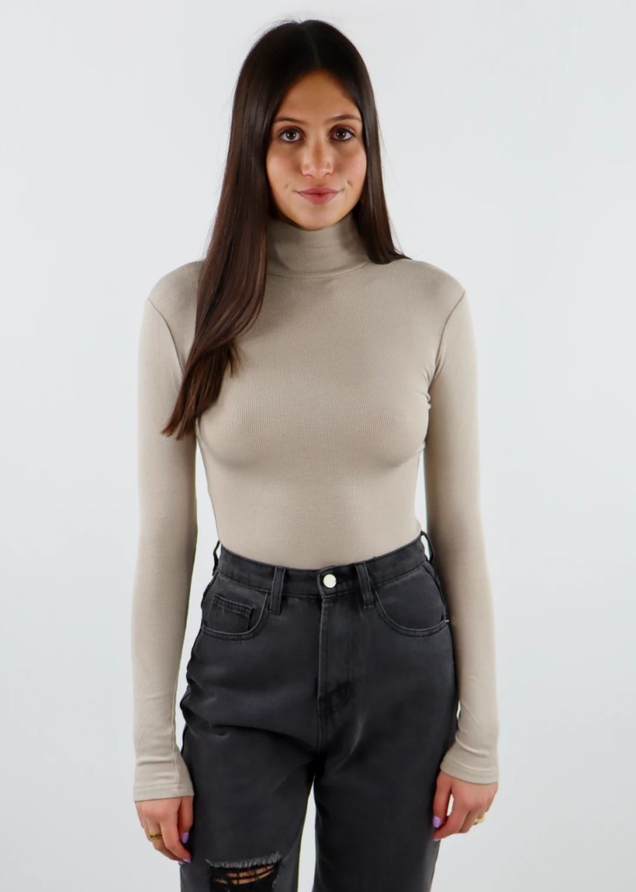 Tops * | The Kript Tops Chasing Love Long Sleeve Bodysuit Taupe