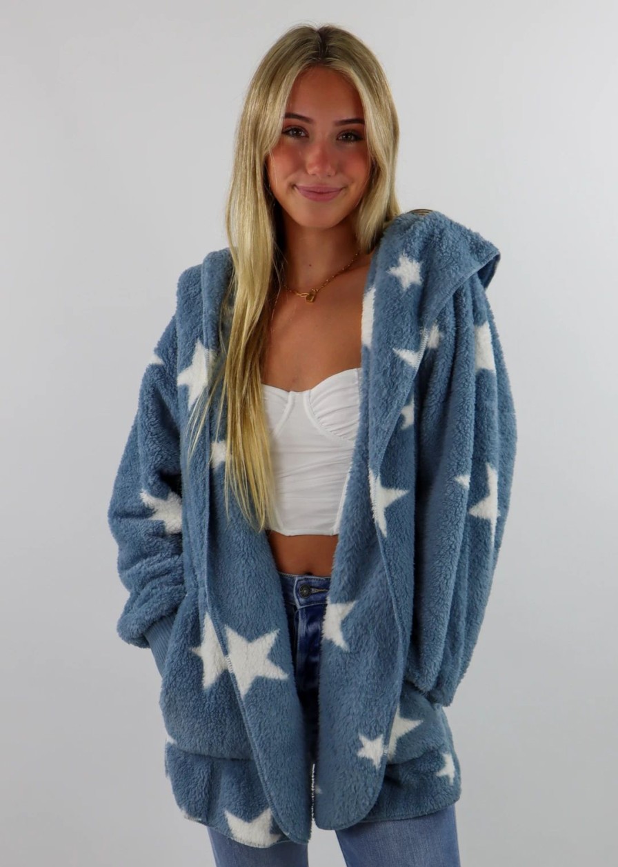 Tops * | Hem & Thread Fuzzy Star Jacket Dusty Blue