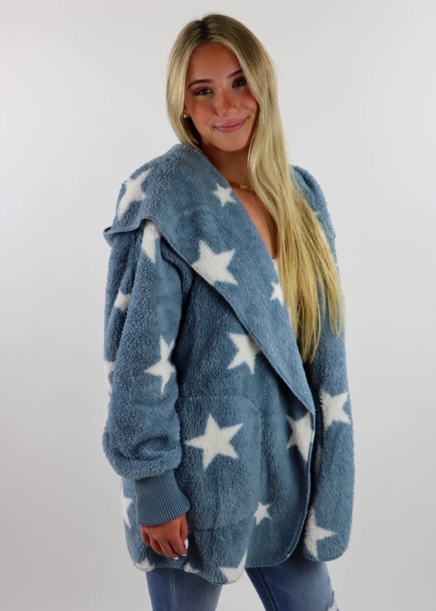 Tops * | Hem & Thread Fuzzy Star Jacket Dusty Blue