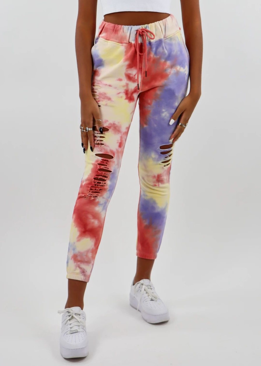 Bottoms * | Dance & Marvel Best Life Joggers Coral & Purple Tie Dye Bottoms