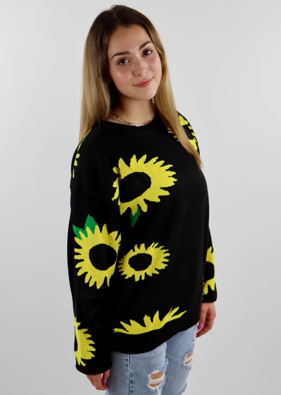 Tops * | Daisy Street Ltd Sunflower Field Sweater Black