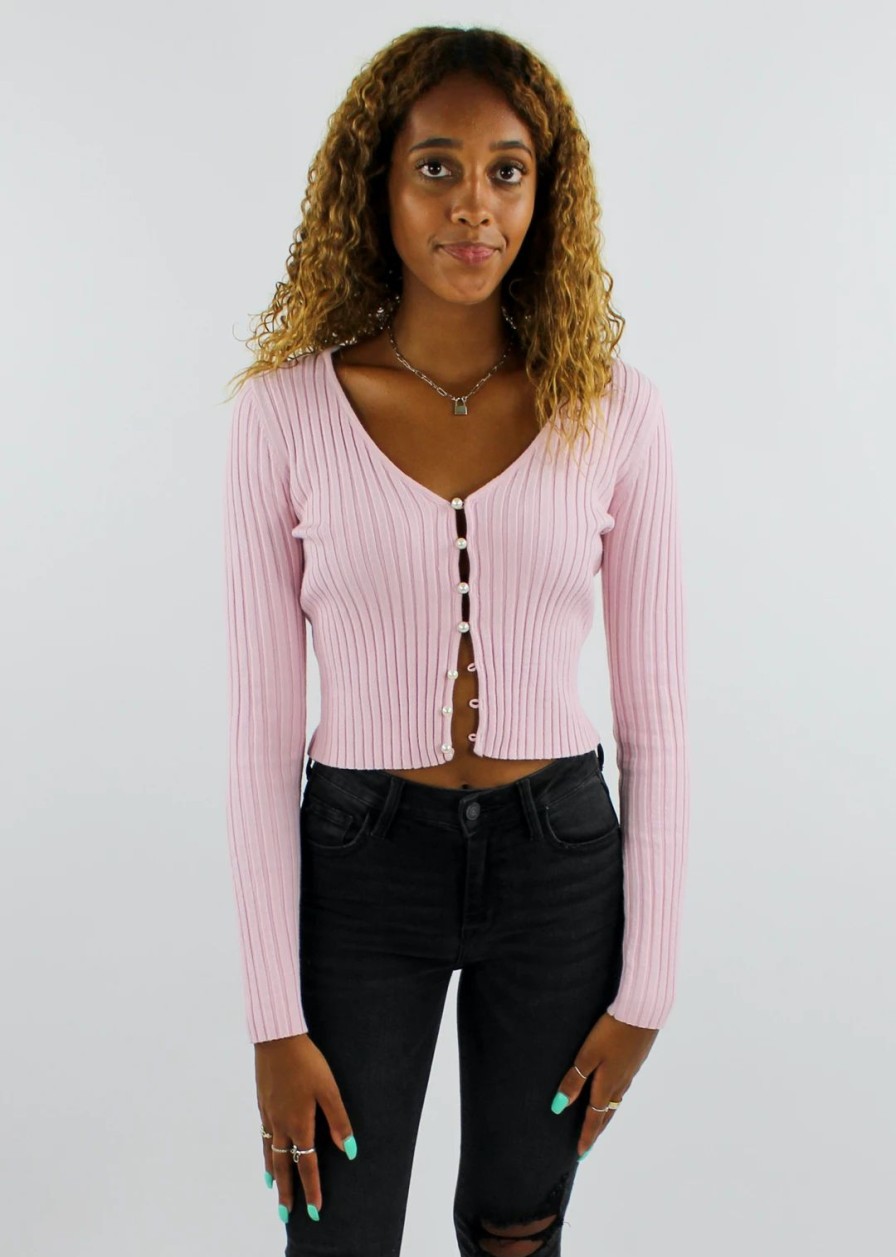 Tops * | Tic Toc Tops Pearl Button-Down Cardigan Light Pink