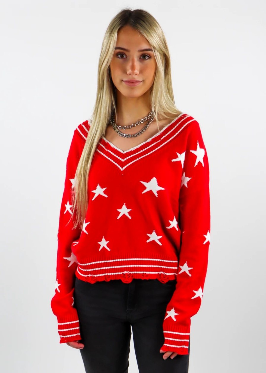 Tops * | Rock N Rags The Sweet Life Sweater Red With Stars Best Sellers