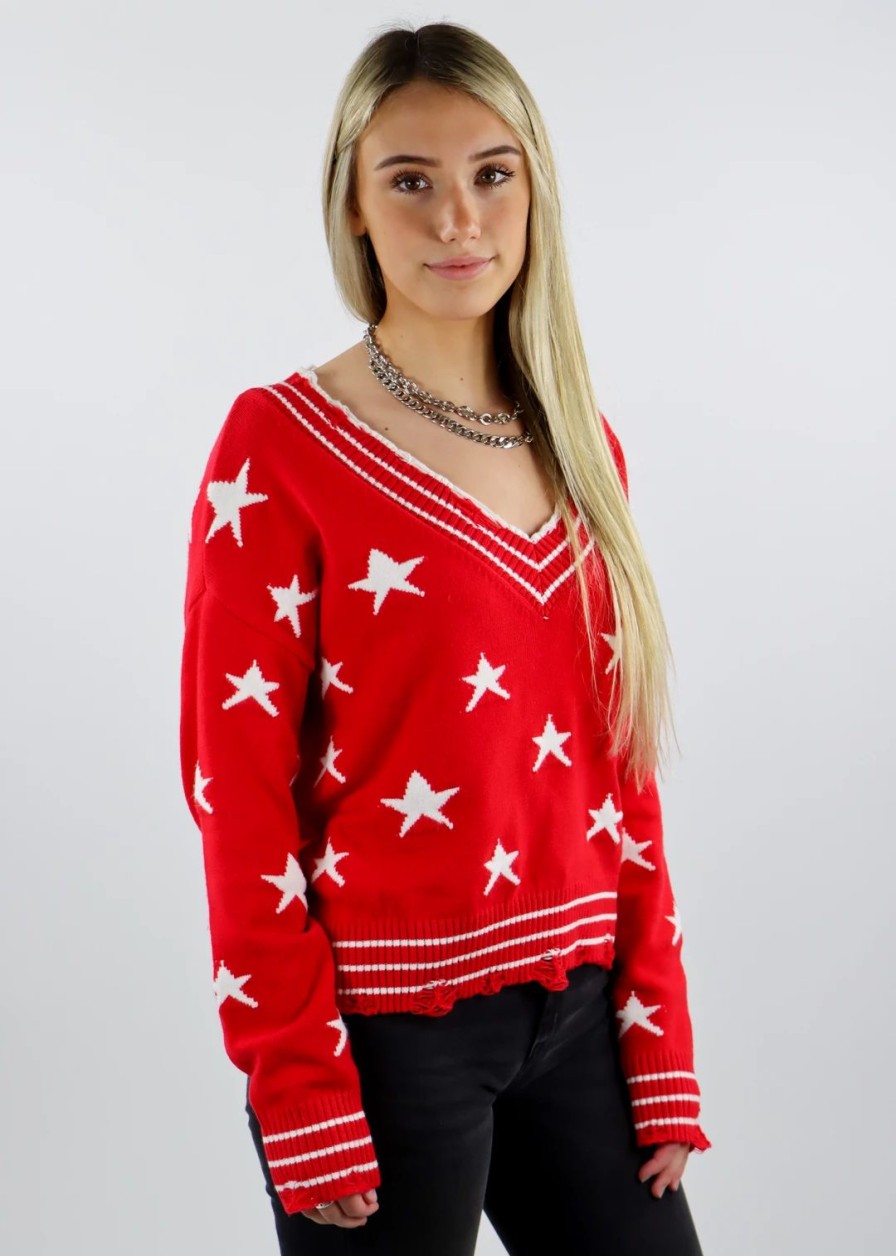 Tops * | Rock N Rags The Sweet Life Sweater Red With Stars Best Sellers