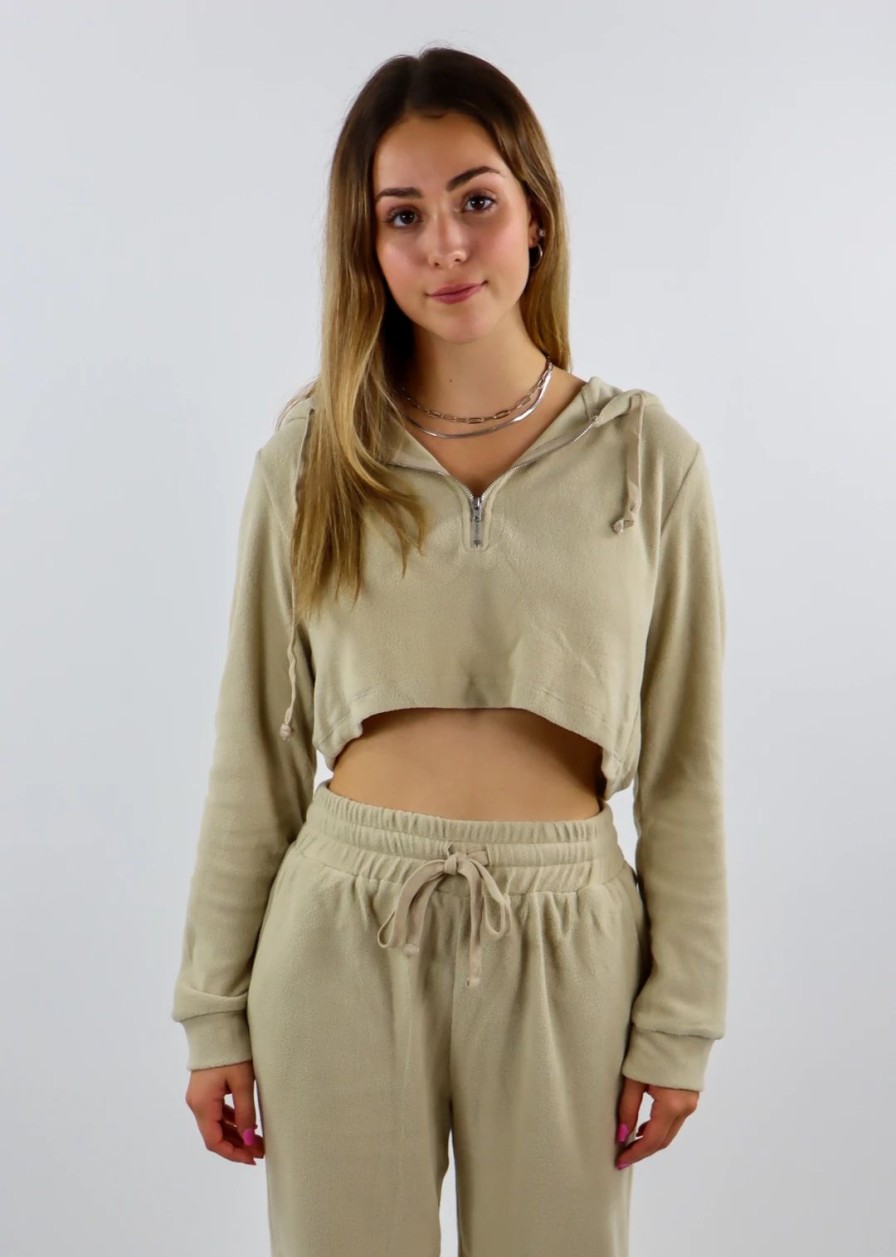 Tops * | Tic Toc Tops Couch Potato Cropped Hoodie Beige