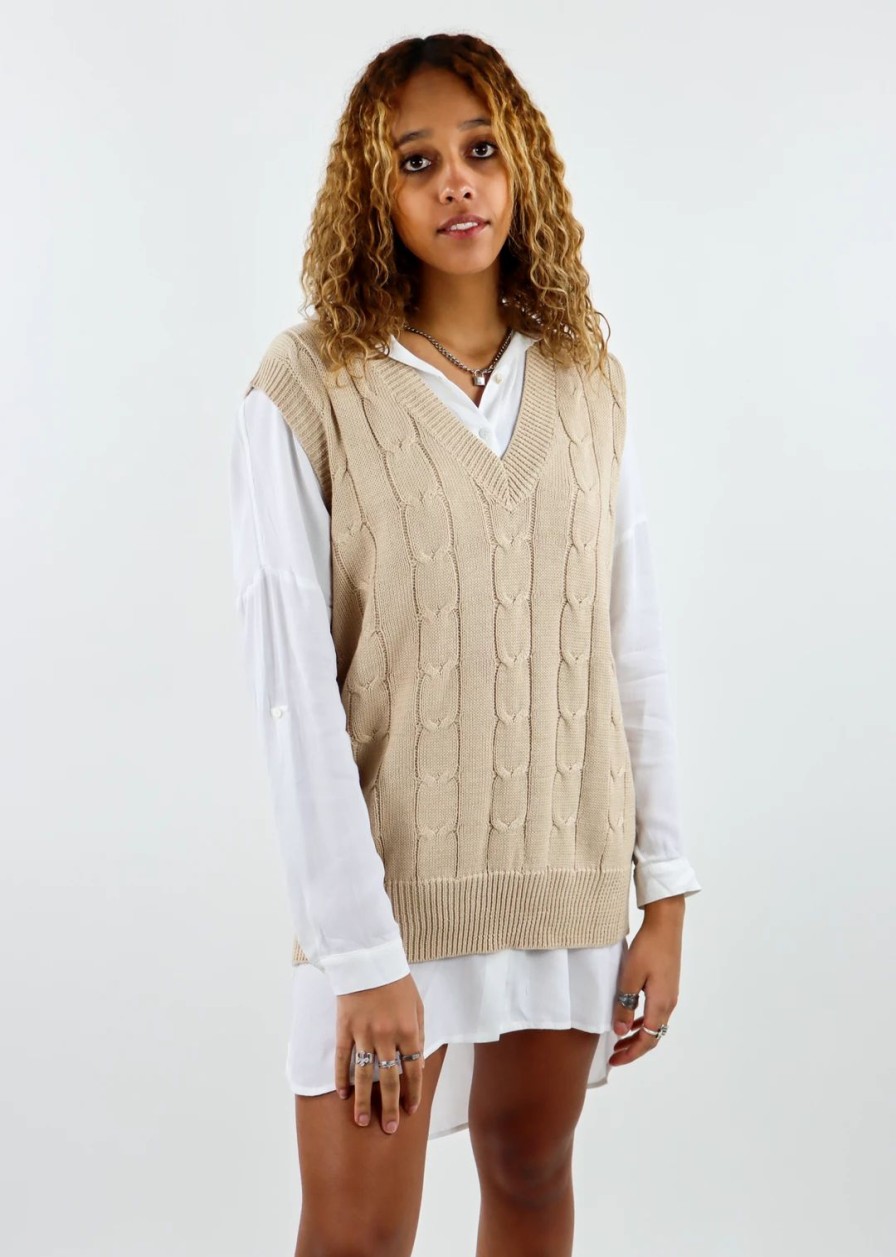 Tops * | Cotton Candy Tops Dreamer Girl Sweater Vest Tan