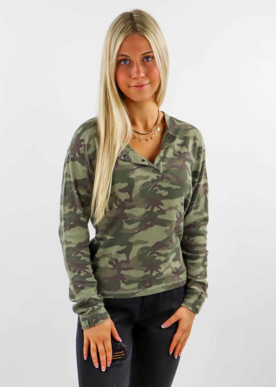 Tops * | Vintage Havana Tops Hide And Seek Long Sleeve Thermal Henley Camo