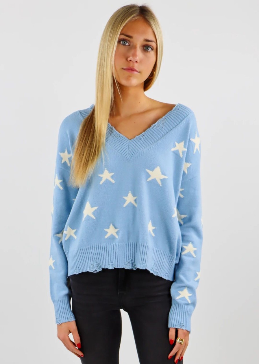 Tops * | Rock N Rags Best Sellers The Sweet Life Sweater Baby Blue With Stars