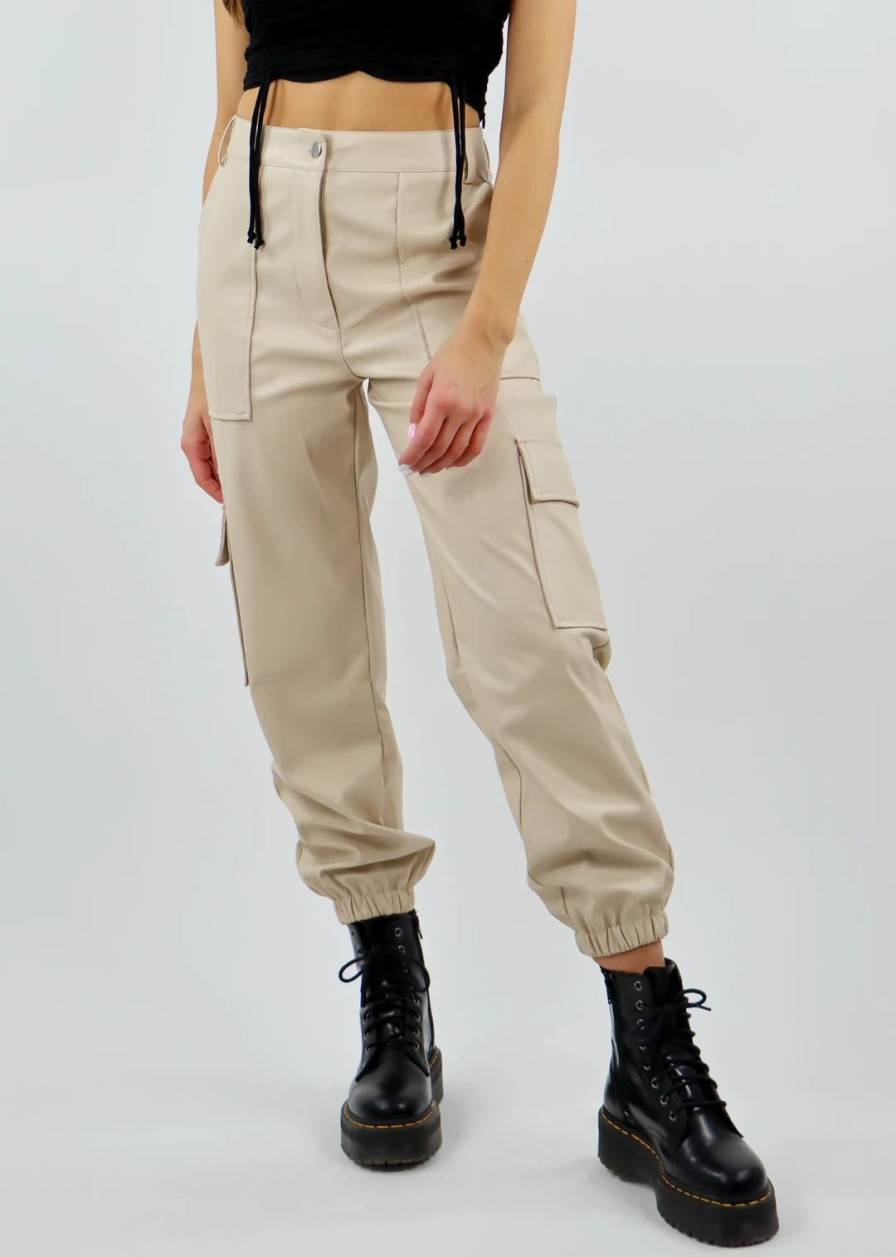 Bottoms * | Dance & Marvel Bottoms Bad Bleep Faux Leather Cargo Pants Beige