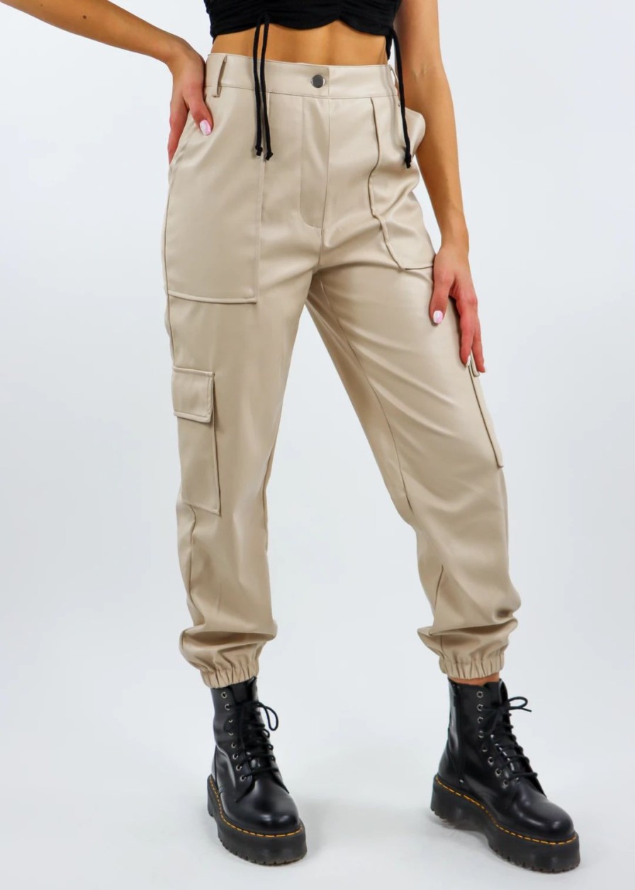 Bottoms * | Dance & Marvel Bottoms Bad Bleep Faux Leather Cargo Pants Beige